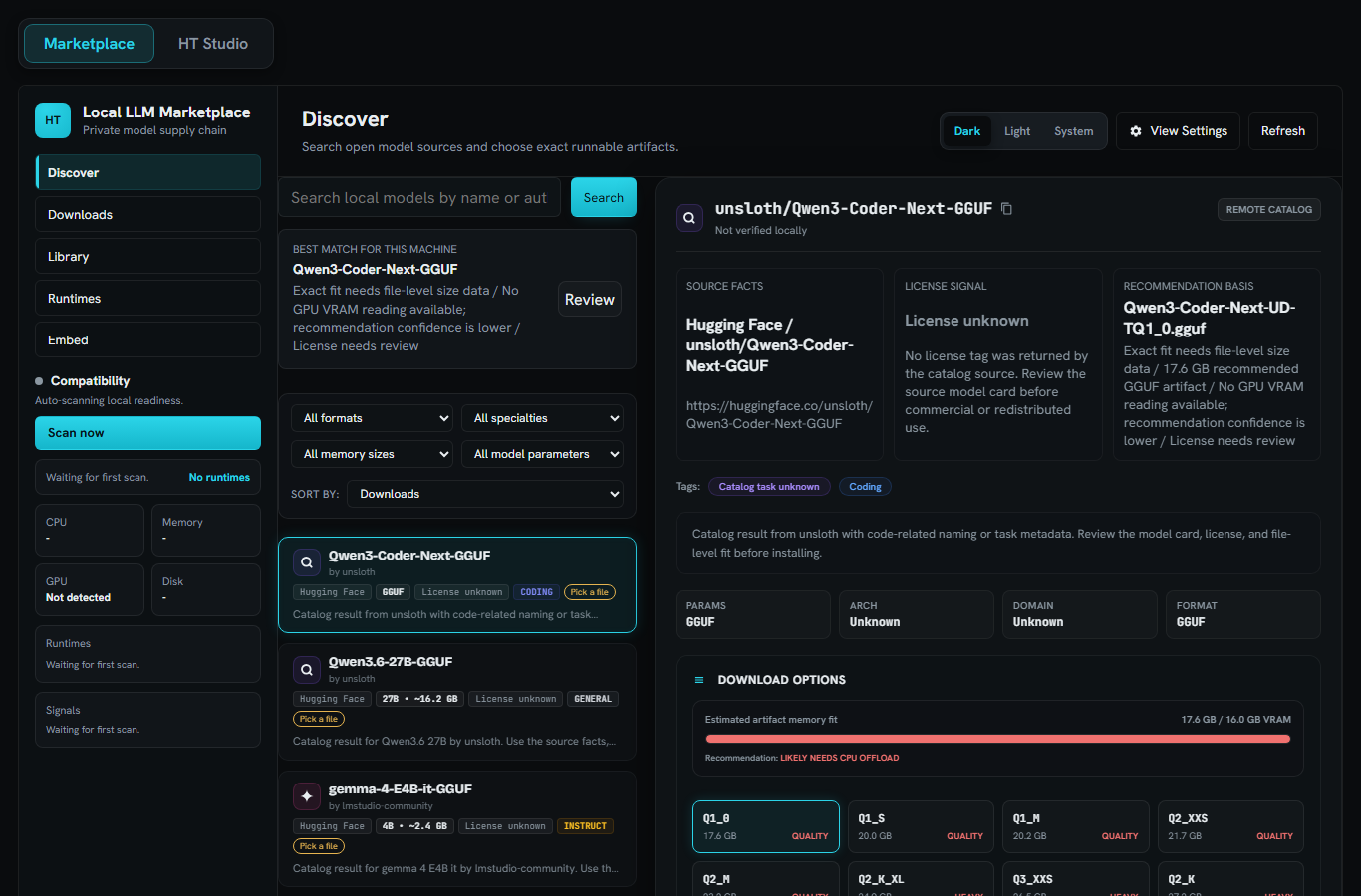 HT LLM Marketplace advanced comparison matrix screenshot